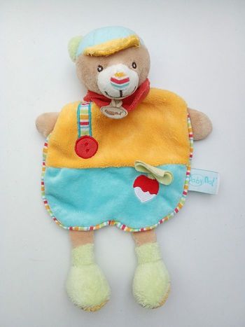 Doudou ours baby nat' orange, bleu ciel beige motif radis