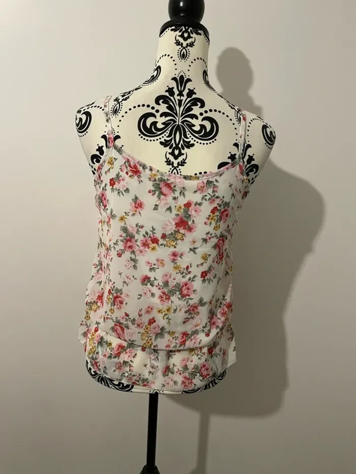 Débardeur à fine bretelles ample à volant blanc fleuri rose multicolore strass col taille 36 - photo numéro 5