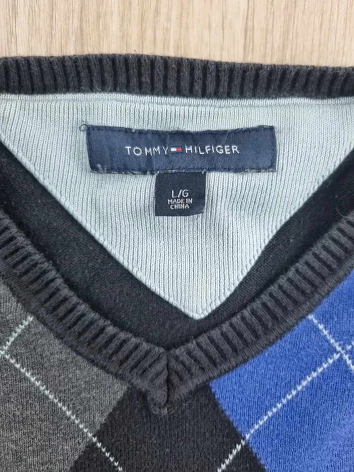 Pull a col V Tommy Hilfiger bleue/noir Homme Taille L - photo numéro 2