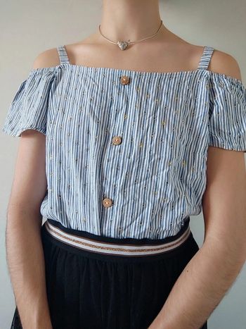 Top épaule dénudé rayé blanc bleu doré / Grain de Malice - 38/M à 40/L