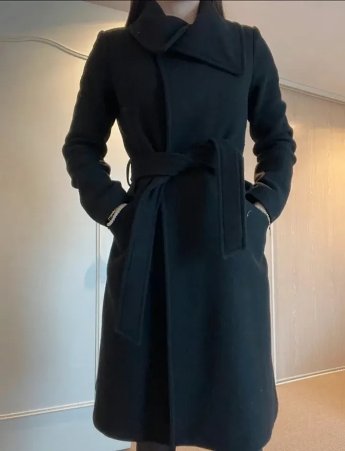 Manteau élégant "Naf Naf" noir - col asymétrique et ceinture - photo numéro 3