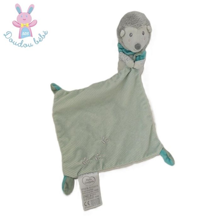 Doudou Hérisson gris blanc mouchoir rayé vert MOTS D'ENFANTS