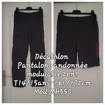 Décathlon Pantalon de randonnée modulable 2en1-T14/15ans-161/172cm-Mod MH550-Gris-Taille réglable