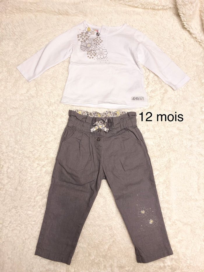 Pantalon gris lin tee shirt blanc coton 12m Lcdp