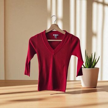 pull fin col V Mng Basics rouge taille S