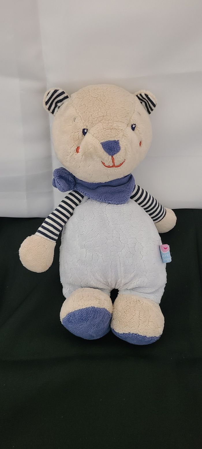 Doudou Ours bleu beige et rayé blanc SUCRE D’ORGE - photo numéro 2