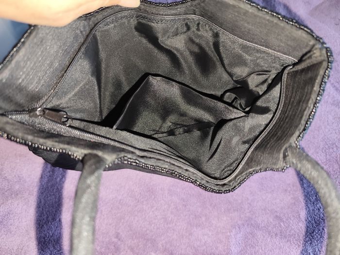 Petit sac à main vintage tissu brodé fermeture anse noir pampille perle sequin - photo numéro 6