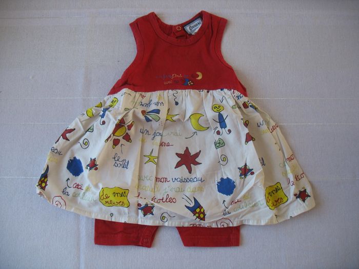 COMBI ROBE ÉCRUE A MOTIFS ET ROUGE BÉBÉ FILLE "CANARI" - 18 MOIS - n°01 - photo numéro 2