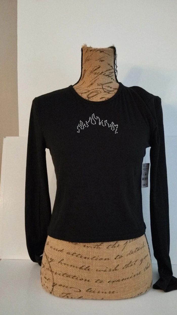 Tee shirt manches longues noir taille l avec motifs strass