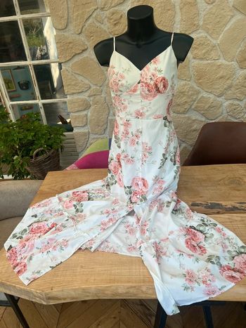 Robe bohème chic longue femme blanche à fleurs rose orangées taille S 36 shein été