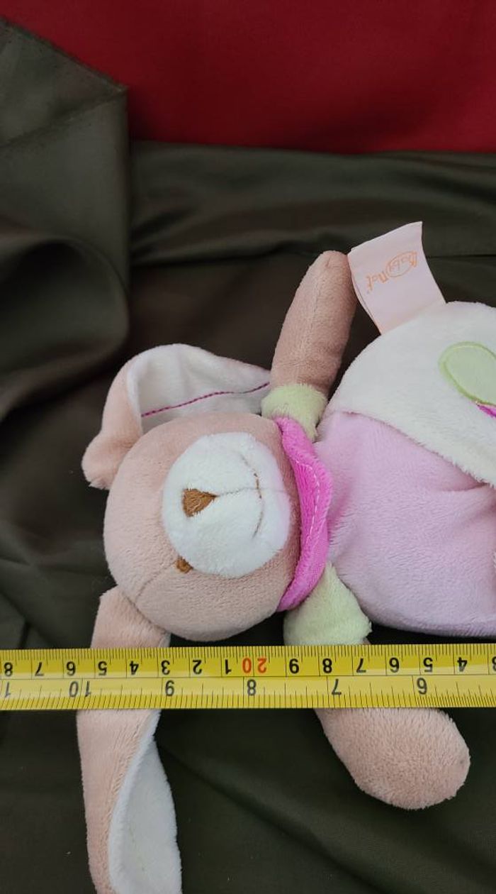 Doudou lapin rose vert blanc mouchoir BABY NAT - photo numéro 4