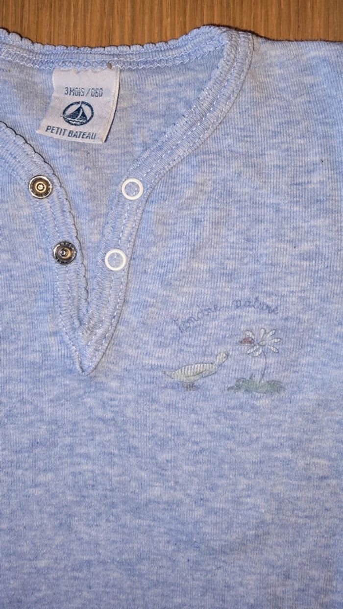 Body Manches Courtes col tunisien bleu chiné Petit Bateau 3 mois - photo numéro 2