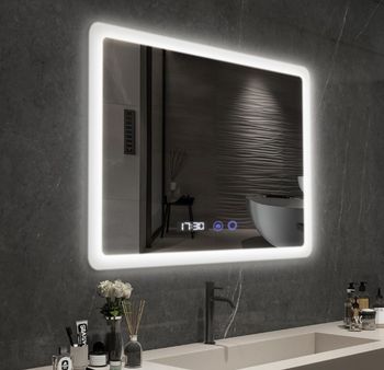Miroir Salle de Bain avec Éclairage LED 80x60 cm, Luminosité Dimmable et 3 Couleurs Réglables, Fonction Antibuée, Affichage numérique Horloge et Température, Étanche Ip44, Bla