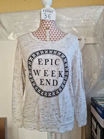 Sweat-shirt, beige chiné noir, avec motif velours noir,en coton &viscose, en très bon état, longueur