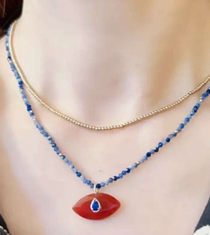 Collier chaîne réglable œil inerte véritables cornaline perles lapis-lazuli habaha Paris - photo numéro 3