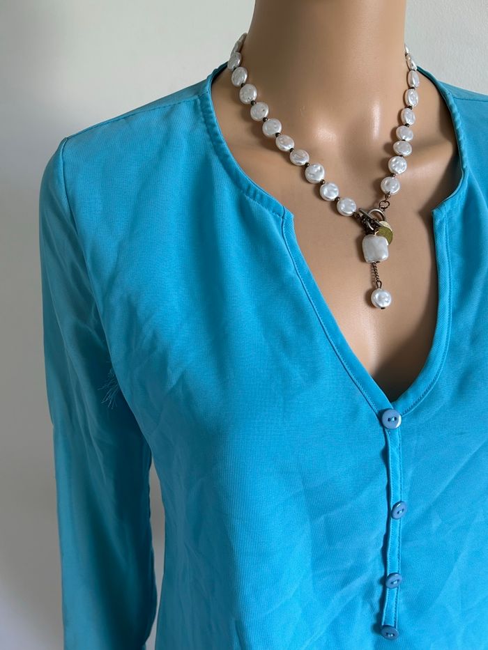 Blouse turquoise à manches longues taille 2 état satisfaisant (avec défaut) - photo numéro 4