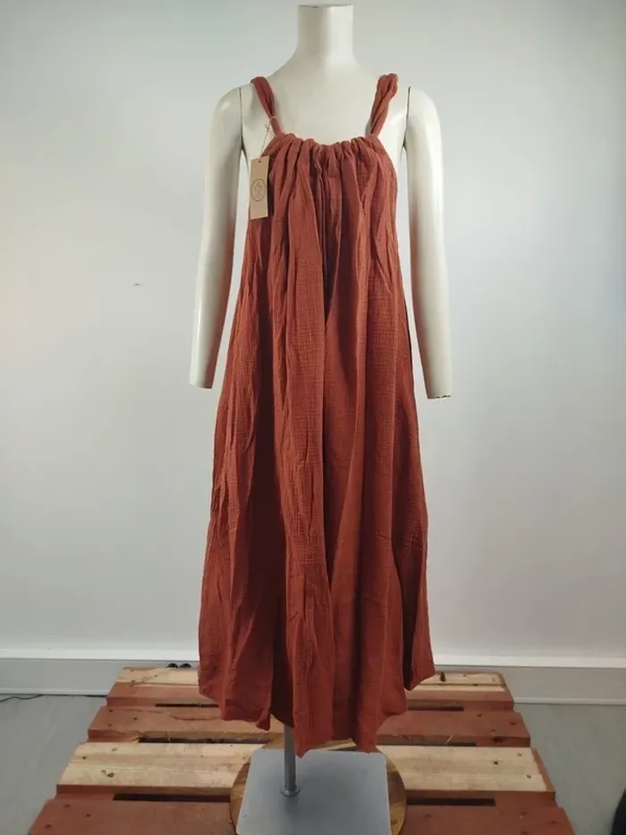 Robe longue rouille Quintessence en coton, effet gaufré, nouée à l'épaule, style bohème A1564 - photo numéro 7