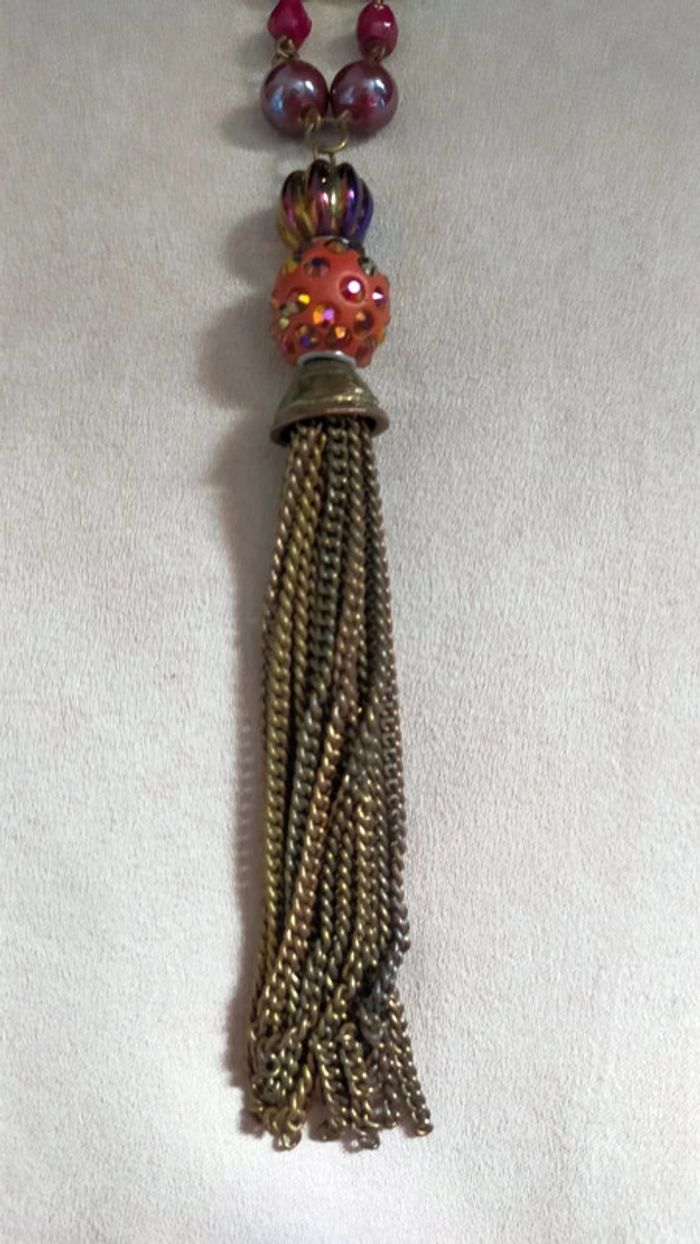 Collier vintage à pampille bronze – Perles prune & métalliques – Style bohème chic - photo numéro 12