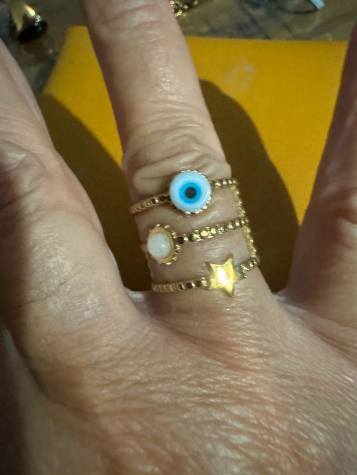 Bague large réglable œil lune perle étoile acier inoxydable or