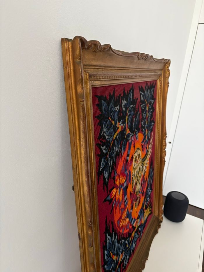 Très grand canevas chouette vintage année 70 selon Jean Lurçat encadrement bois et plâtre - photo numéro 10