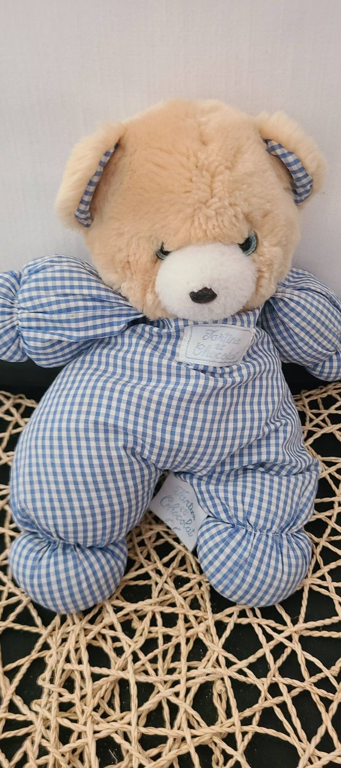 DOUDOU PELUCHE VINTAGE Ours Vichy Bleu 25 cm TARTINE ET CHOCOLAT - photo numéro 3