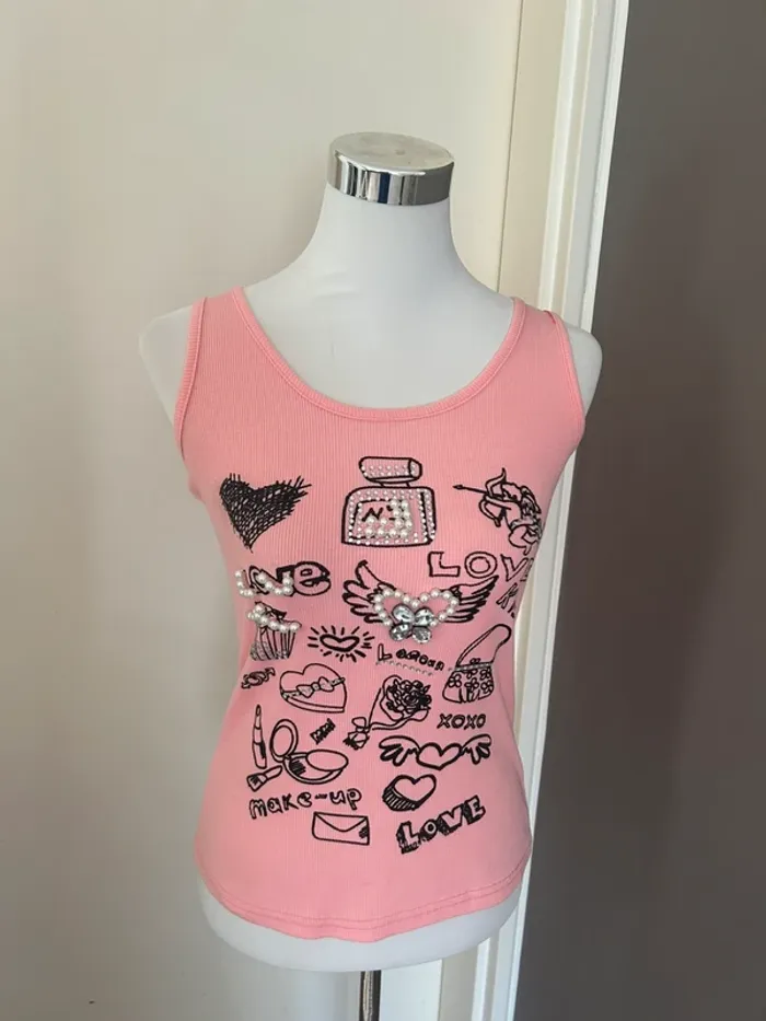 My pink tee T-shirt débardeur rose incrusté perle - photo numéro 4