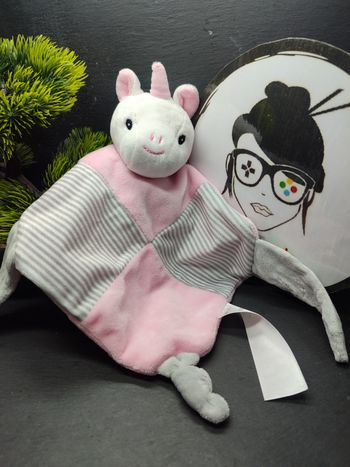 Doudou plat Licorne grelot rose blanc rayé gris top & kiddy Noeud Noir 3874 