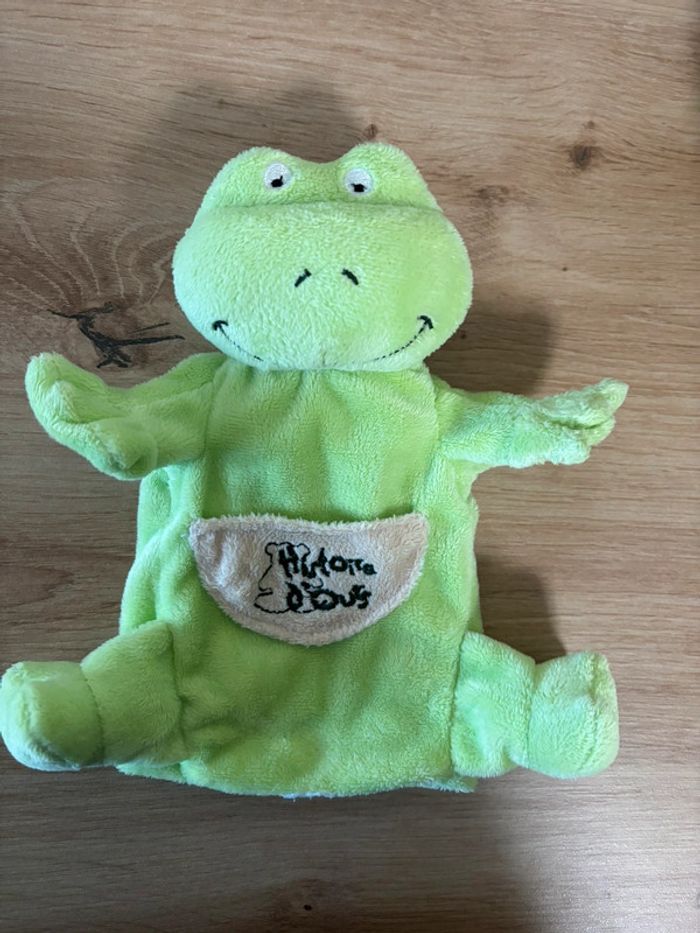 Doudou marionnette grenouille verte poche écru histoire d ours - photo numéro 2