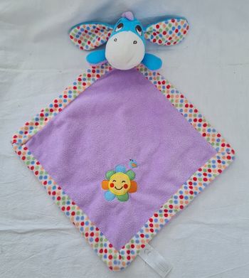 Doudou Bourriquet plat losange mauve et a pois - fleur oiseau bleu - Disney