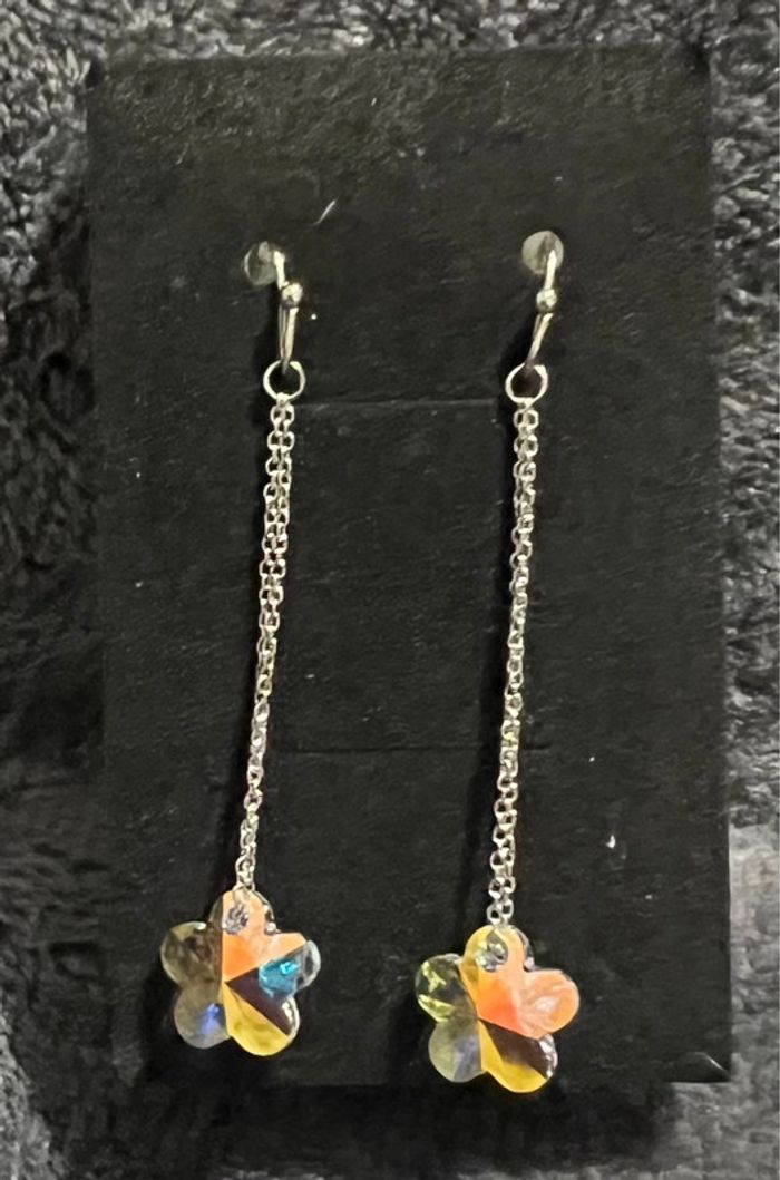Boucle d’oreilles pendante pierre strass fleur bien braillant acier inoxydable argenté - photo numéro 2