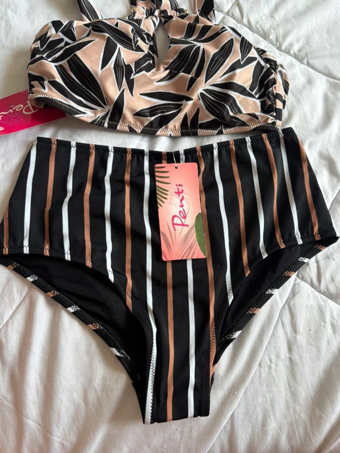 Ensemble maillot de bain bikini motif rayé feuillage multicolore Penti taille XS/34 neuf - photo numéro 3