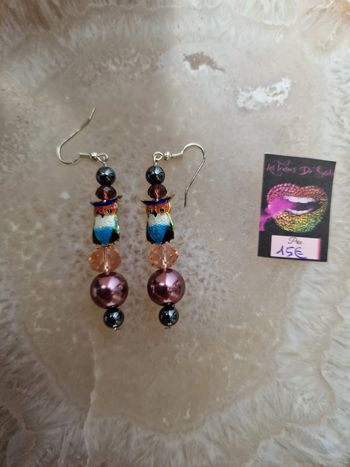Boucles D'oreilles Hibou Perles Roses Grises Cristal