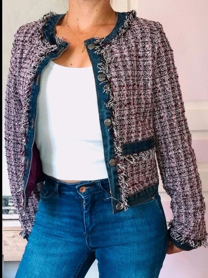 Veste  jean +  tweed violet  -  Jennyfer  Vintage  -  S  = XS  actuel  -  Neuve