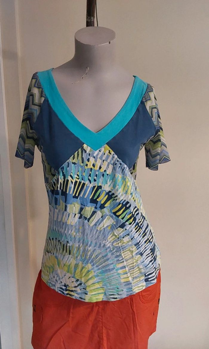 Blouse fluide   imprimée bleu et blanc T 40 - photo numéro 3