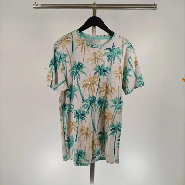 Tshirt homme vert jaune gris - motif palmiers feuilles exotiques - Taille M - A092