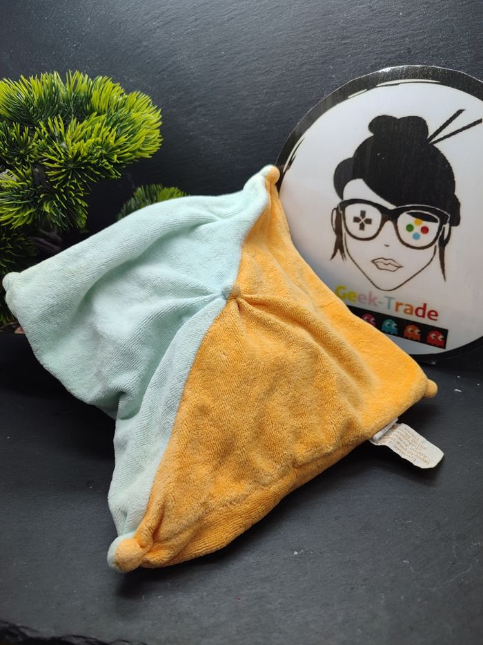 DD003646 Doudou plat ours orange bleu jaune baby nat bonnet ancien Marron Beige - photo numéro 2