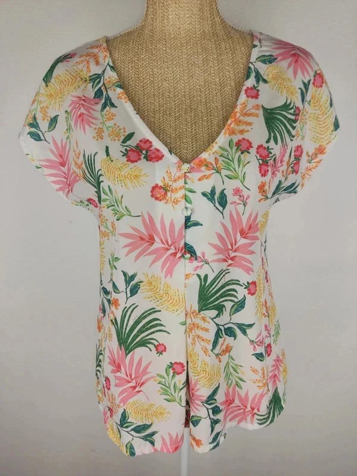 Blouse manches courtes blanche motifs fleuris colorés taille S Camaïeu