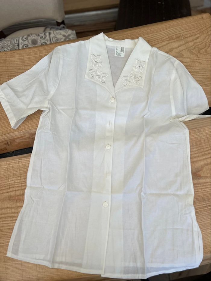 Blouse chemise col oversize blanche broderie anglaise manches courtes été vintage M L 38/40 38 40