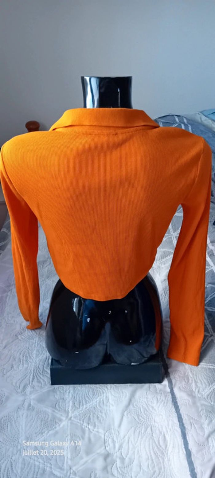 Polo court manches longues maille côtelée col en V à boutons orange femme L zara - photo numéro 6