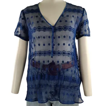 Blouse transparente bleue brodée en soie – Cacharel Paris T.38 A1159