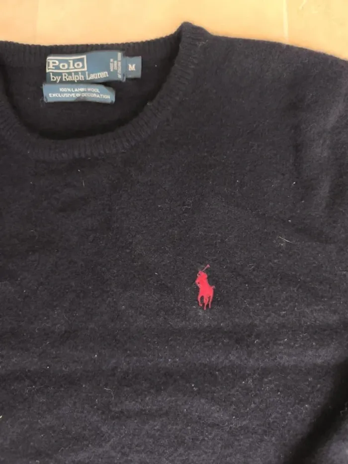 Magnifique pull col rond marine logo rouge laine d'agneau Ralph Lauren homme M slim fit - photo numéro 3