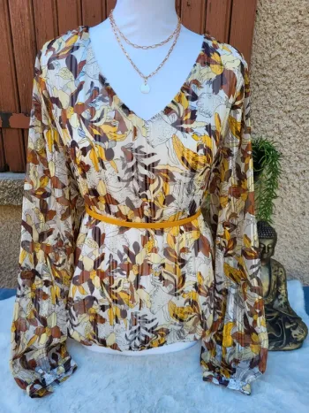 Blouse voile élégante fleuri ivoire moutarde marron riu taille 44