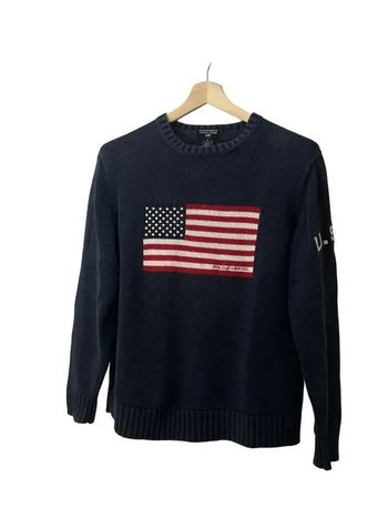 Pull col rond ralph lauren bleu marine logo drapeau USA flag taille M 6A