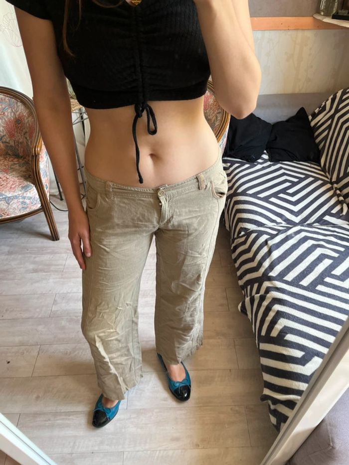 Pantalon taille basse lin marron baggy cargo grunge y2k 2000yer - photo numéro 2