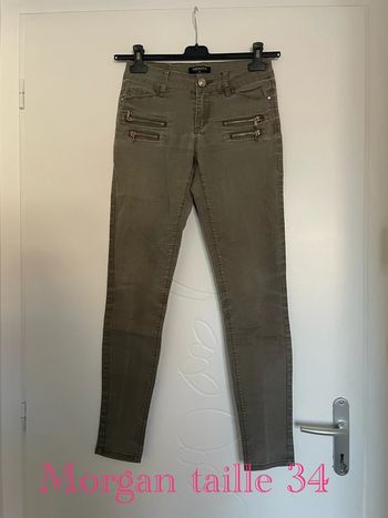 Pantalon kaki extensible taille haute coupe skinny fermeture éclair fantaisie Morgan taille 34