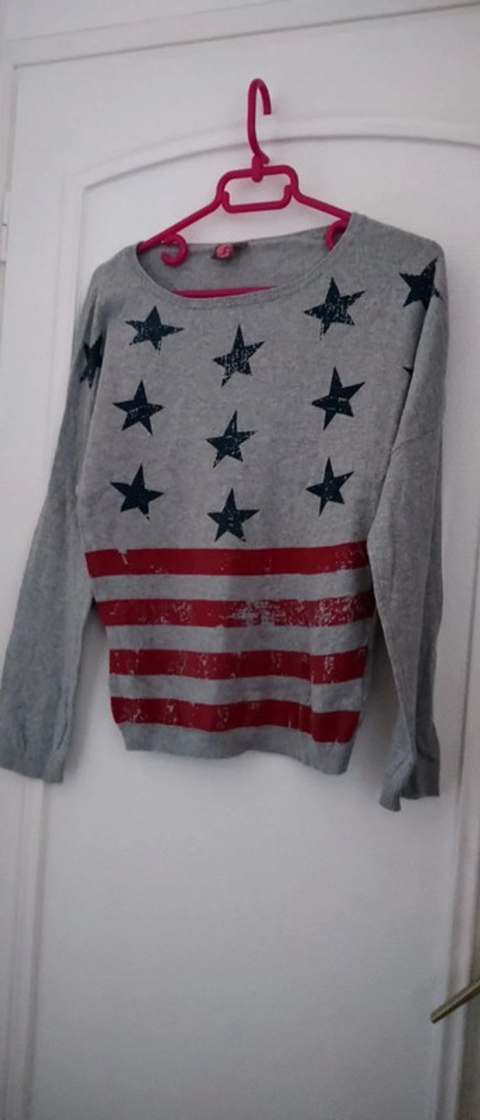 Pull fin motif drapeau américain gris fille 12 ans bilook