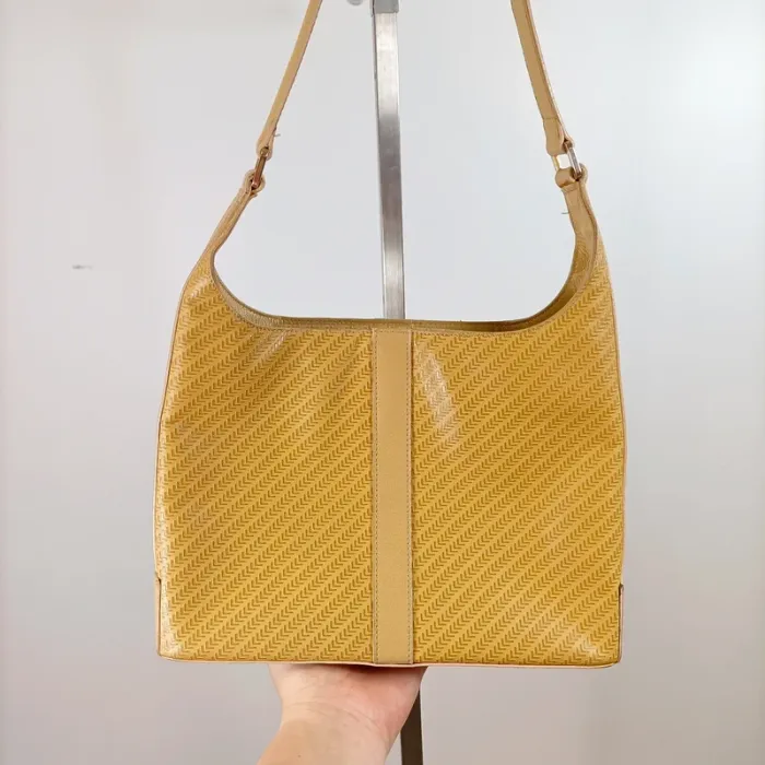 Sac épaule vintage jaune moutarde chic cuir et textile 21x30 cm tendance rétro S043
