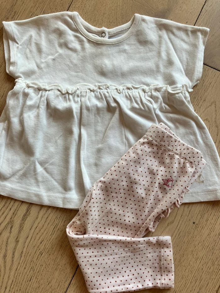 Ensemble haut écru MC + legging rose 12 mois Petit Bateau