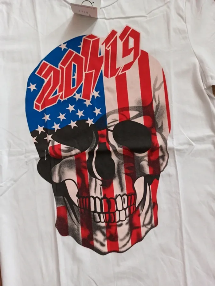 Tee shirt blanc homme manches courtes tête de mort L - photo numéro 2