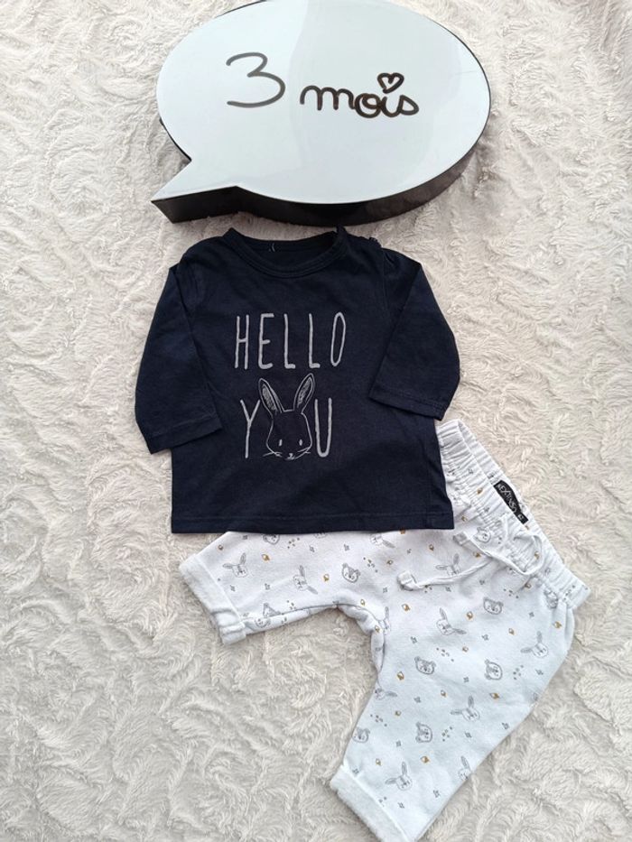 Ensemble (tee shirt+sarouel) Garçon 3 mois Hello you lapin animaux
